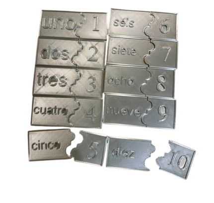 Podwójne puzzle – nauka liczb po hiszpańsku (1–10) - 20 sztuk puzli, hiszpański