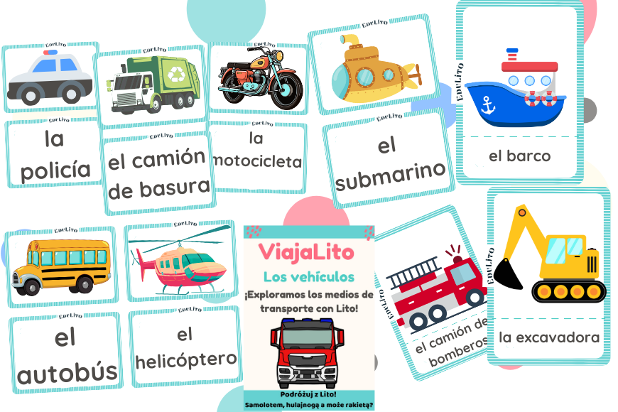 Transport po hiszpańsku – Zestaw Fiszek do Druku (2 wersje)